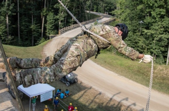 Soldier with 5th SFGA demonstrates Australian Rappel at Boy Scout National Jamboree in West Virginia. (Photo by SSG Matt Britton, 22nd Mobile Public Affairs, US Army, July 21, 2017).