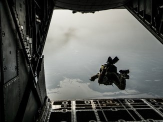 USAF pararescueman from 320th STS performs military free fall from a MC-130H Combat Talon II on Feb 16, 2018 in Thailand. Photo by Capt Jessica Tait, 353rd SOG.