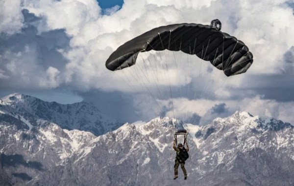 A PJ parachutes over Bagram Air Field, Afghanistan on March 3, 2018. (USAF photo)