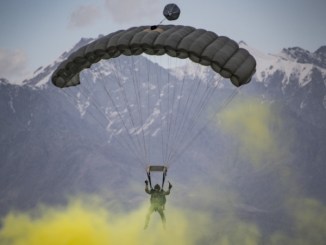 USAF pararescueman parachutes over Bagram Air Field, Afghanistan after exiting in MFF from a C=130J Super Hercules. (photo Tech Sgt Gregory Brook, AFCENT PA, March 23, 2018).