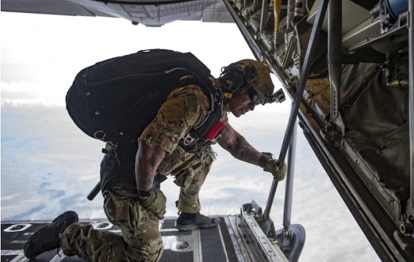 High Altitude Low Opening (HALO) jump from a C-130J over Bagram Air Field, Afghanistan on March 23, 2018.