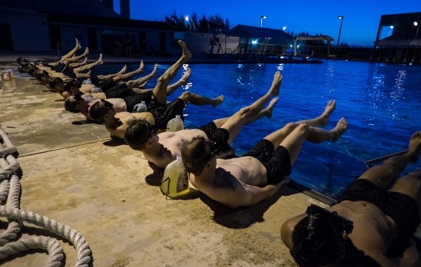 Combat Diver trainees do morning PT at the Special Forces dive school at Key West, Florida. Photo by USAJFKSWCS, June 5, 2018.