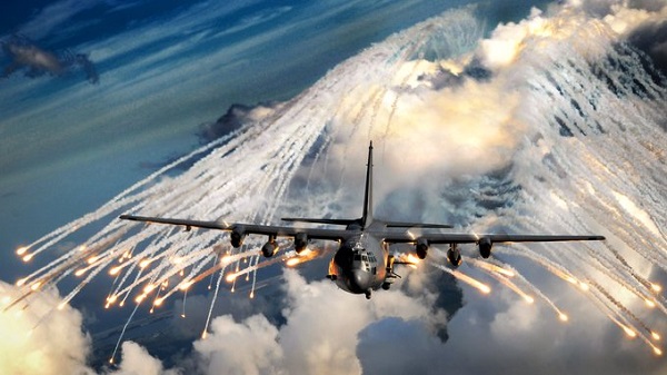 An AC-130 Gunship shoots off flares. Photo by AFSOC, January 1, 2020.