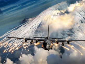 An AC-130 Gunship shoots off flares. Photo by AFSOC, January 1, 2020.