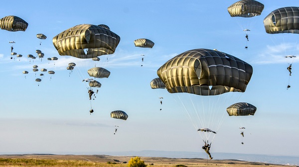 American and Spanish paratroopers descend onto a drop zone near Zaragoza, Spain on June 23, 2018. Army photo by Lt. Col. John Hall.