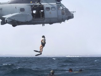 Pararescuemen of 82nd Expeditionary Rescue Squadron jump out of French SA 330 Puma helicopter during PR training in Gulf of Aden, off the coast of Djibouti on August 13,2 018. USAF photo by Senior Airman Haley D. Phillips.