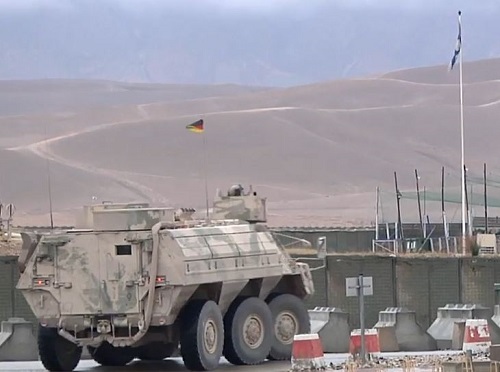 Vehicle prepares to depart Camp Marmel, Northern Afghanistan in October 2018. Photo by TAAC-North.