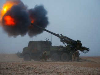 Task Force Wagram conducts a fire mission from Firebase Saham, Iraq in support of Operation Roundup. Photo by Specialist Gyasi Thomasson, CJTF-OIR, October 21, 2018.