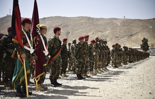 Trainees of the Afghan Commando Course CDOQC for July 2018 in formation at Camp Commando. Photo by MSG Felix Figueroa, NSOCC-A, July 15, 2018.