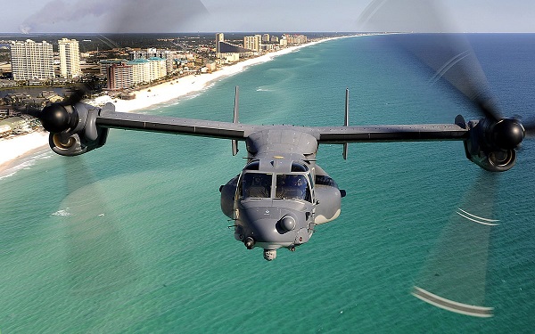 CV-22 from the 8th Special Operations Squadron flies over the Emerald Coast outside Hurlburt Field. (AFSOC photo).