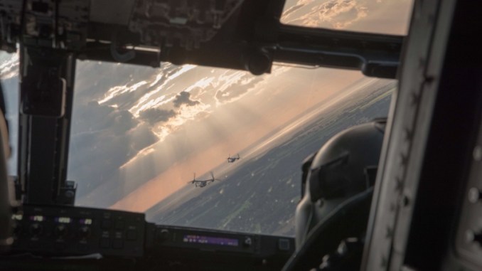 CV-22 Ospreys of the 352nd Special Operations Wing (SOW) flying over England in August 2017. (Photo by AFSOC).