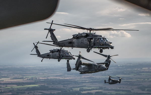 CV-22s and HH-60s flying over southern England in August 2017.