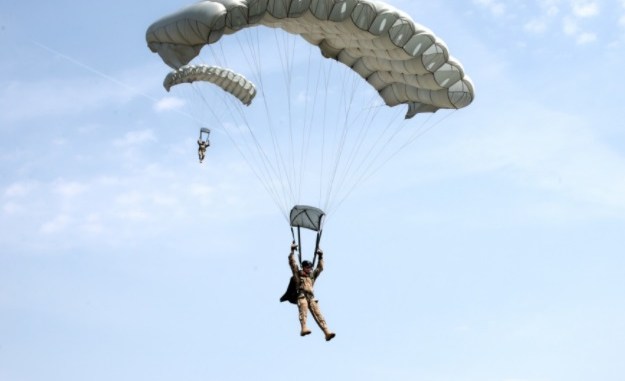 20th SFGA HALO Parachustist prepares to land while participating in Exercise Black Swan 2017 in Hungary. (Photo by SSG Aaron Duncan, SOCEUR, July 21, 2017).