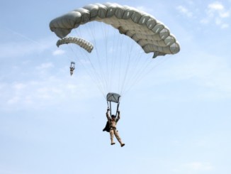 20th SFGA HALO Parachustist prepares to land while participating in Exercise Black Swan 2017 in Hungary. (Photo by SSG Aaron Duncan, SOCEUR, July 21, 2017).