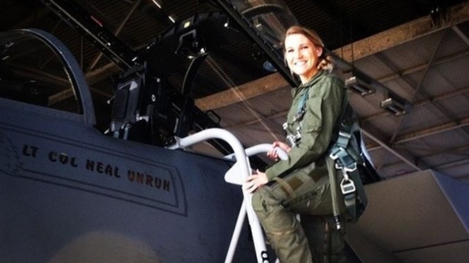 Capt. Kaci Dixon, an Intelligence Officer with AFSOC, poses for a photo before an incentive flight on an F-15 (AF photo, March 2014).