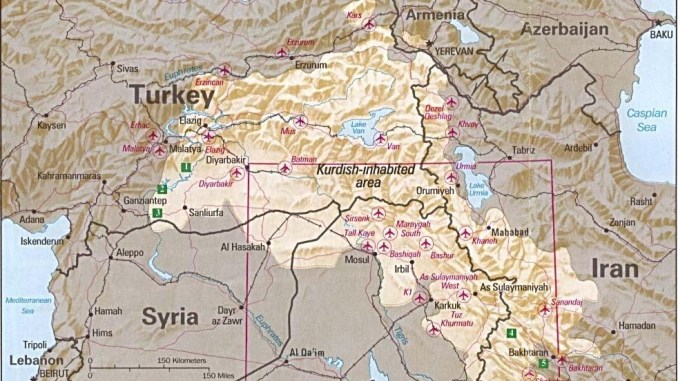 Map depicting Kurdish inhabited areas of Middle East and Iraq. (CIA map 1992).