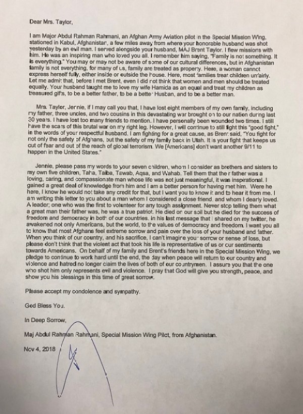 Maj Abdul Rahman Rahmani sent a letter to the family of Major Brent Taylor after he was killed in an insider attack in Afghanistan.