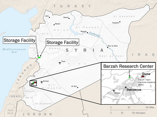 Map April 2018 Coalition air strikes against Syria (graphic by DoD, April 14, 2018).