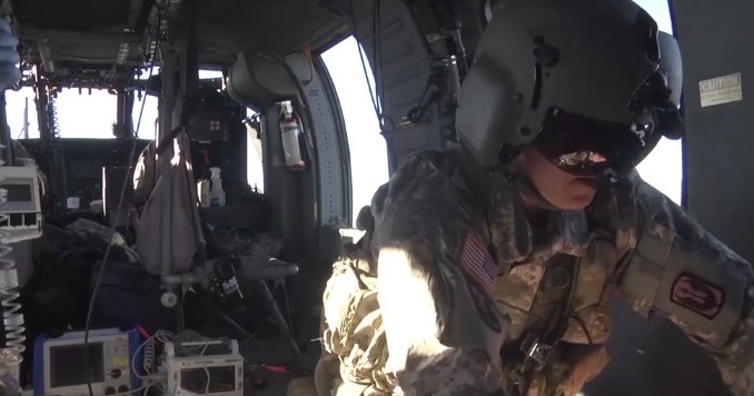 A MEDEVAC crew conducts training during exercise Southern Strike 2018 in Mississippi. (Photo from U.S. Army National Guard video by SPC Jovi Prevot, November 2, 2017).