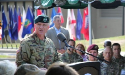 MG Francis Beaudette speaks during ceremony where he assumed command of the 1st Special Forces Command on July 28, 2017 at Fort Bragg, North Carolina (Photo courtesy USASFC).