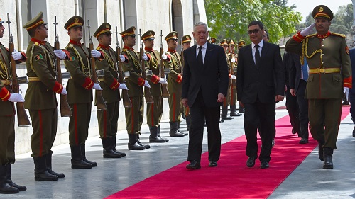 U.S. Secretary of Defense James N. Mattis arrives at the Afghan Presidential Office building with Afghan Minister of Defense, Afghan Lt. Gen. Tariq Shah Bahrami, Kabul, Afghanistan, Sept. 7, 2018. Mattis met with Afghan and coalition members during the previously unannounced visit to the country. (DoD photo by Lisa Ferdinando)