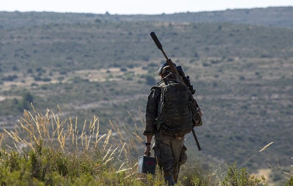 Spanish Sniper at ISTC Desert Sniper Course at Chinchilla Training Area, Spain. Two-week course is designed to teach trained sniper teams the necessary skills t operate in a desert environment. July 2018 SOCEUR photo.