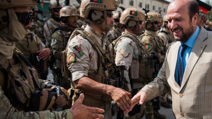 Members of Afghanistan's CRU 222 are congratulated by Minister of Interior for their part in defeating an ISIS attempt to take over the Iraq Embassy in Kabul on 31 August 2017. (Resolute Support photo).