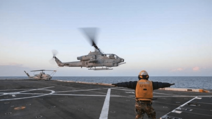 An AH-1W Super Cobra from 22nd Marine Expeditionary Unit lands on a Navy ship in the Mediterranean Sea. The helicopters have been taking part in Operation Odyssey Lightning - the campaign against ISIS in Libya. (Photo USMC by SGT Ryan Young, Nov 18, 2016).