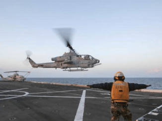 An AH-1W Super Cobra from 22nd Marine Expeditionary Unit lands on a Navy ship in the Mediterranean Sea. The helicopters have been taking part in Operation Odyssey Lightning - the campaign against ISIS in Libya. (Photo USMC by SGT Ryan Young, Nov 18, 2016).