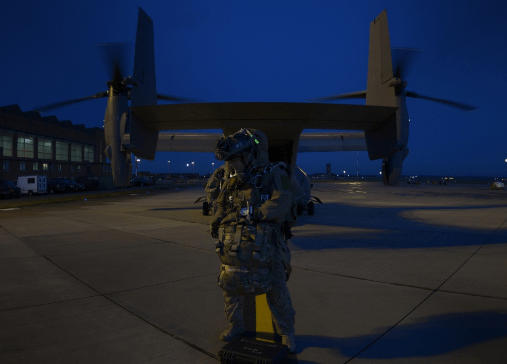 An Air Commando from the 321st STS - Special Tactics Squadron prepares for parachute jump from CV-22 Osprey. (Photo by SSgt Victoria H. Taylor, USAF, 14 Dec 2016).