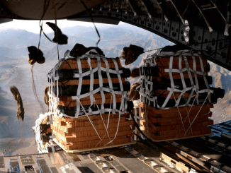 C17 bundle drop over a remote U.S. camp in Afghanistan. (Photo by Senior Airman Ricky J. Best, 2 Jan 2007).