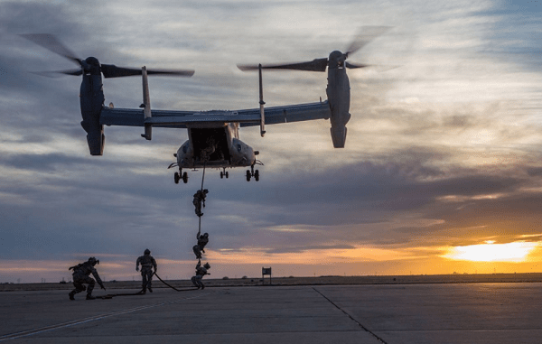 ARSOF Soldiers fastroping from a CV-22. (Photo credit USASOC 20170511)