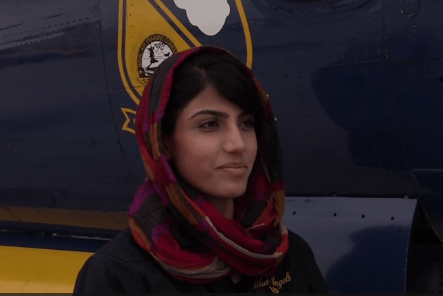 Niloofar Rahmani, first female fixed-wing pilot in the Afghan Air Force. (Photo from video by Ryan M. Harper, Navy Media, 11 Mar 2015.)