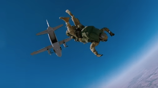 U.S. Army Soldier conducting a High Altitude Low Opening (HALO) parachute jump. (Photo from U.S. Army Recruiting video, December 19, 2016).