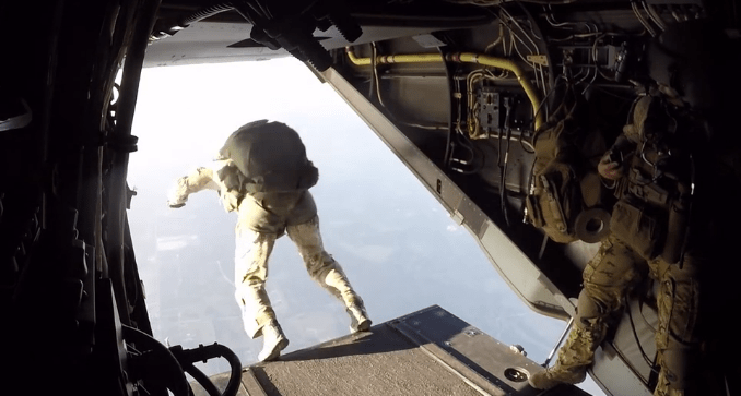 Members of the 21st Special Tactics Squadron perform a military free fall jump on 18 Aug 2016. (Photo from DVIDS video).