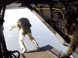 Members of the 21st Special Tactics Squadron perform a military free fall jump on 18 Aug 2016. (Photo from DVIDS video).