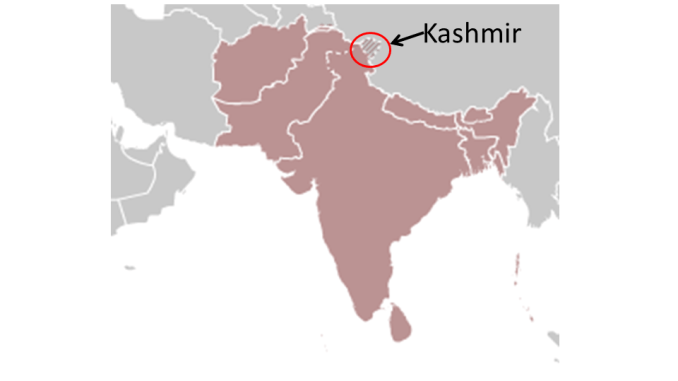 Map depicting location of Kashmir - contested area on Indian Pakistan border