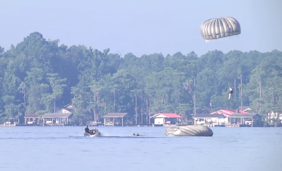 Water Jump into White Lake, North Carolina by USASOC Soldiers. (Photo from video by SSG Dillon Heyliger)